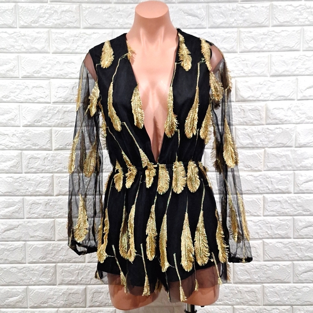 Romper - Deep V with sheer long sleeves - Gold metallic feather embroide…
